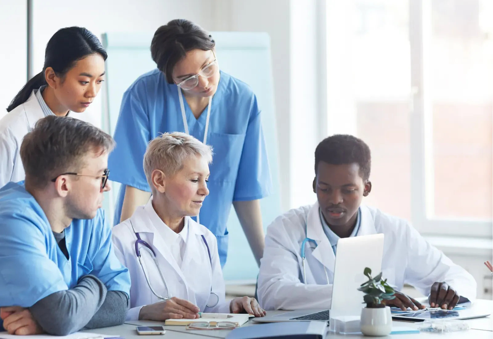 Group of registered nurses and physicians meeting.